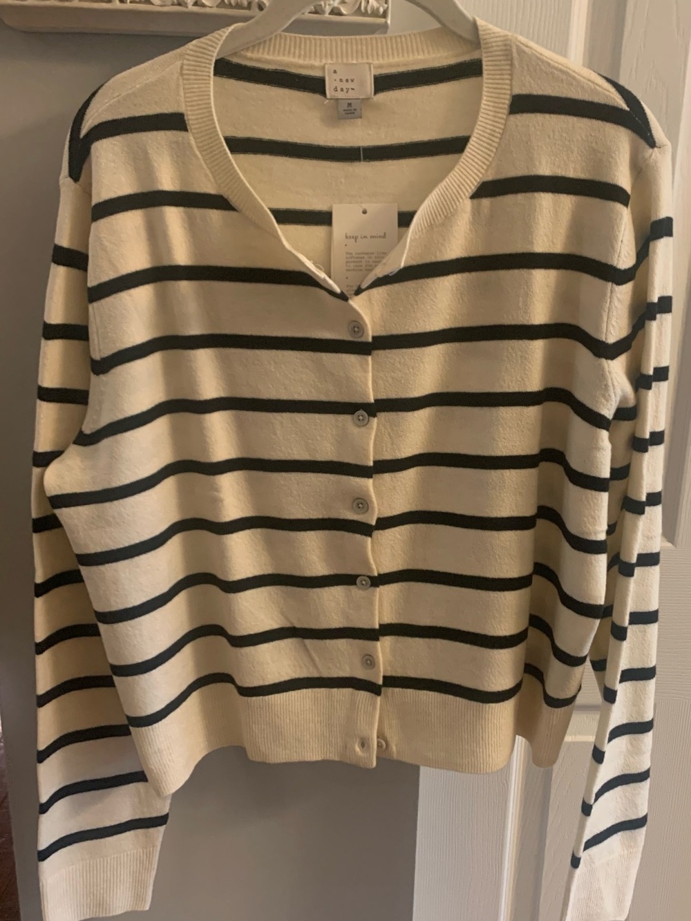 a new day Ivory & Black Striped Button-Up Cardigan NWT - M